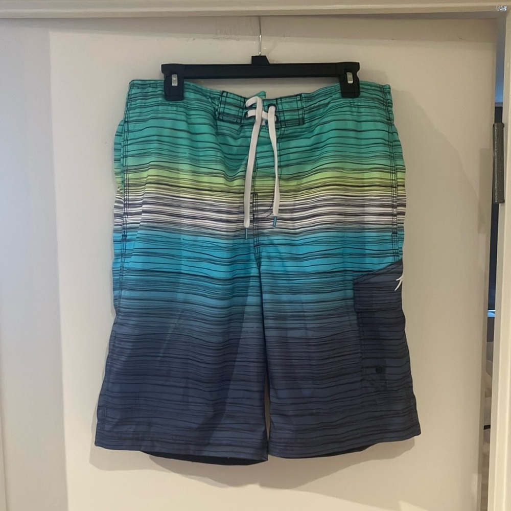 Speedo Green and Mens Blue Board Shorts with Gradient Stripes. Size Medium.